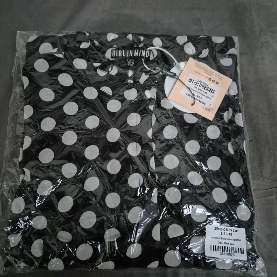 BAGGED GIRL IN MIND HANNAH FRILL SLEEVE BUTTON FRONT MIDI DRESS IN BLACK/WHITE SPOT - SIZE 18