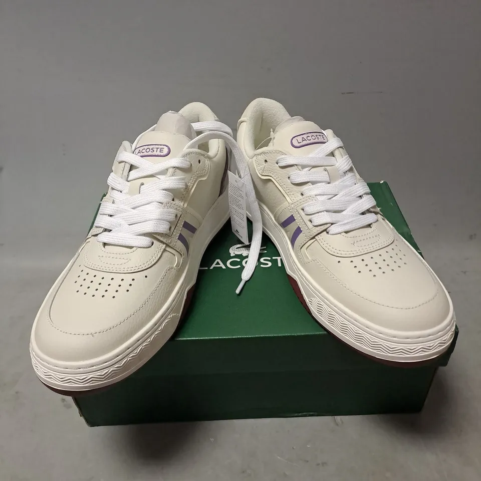 BOXED PAIR OF LACOSTE FLAT SNEAKERS IN IVORY MULTI SIZE 7