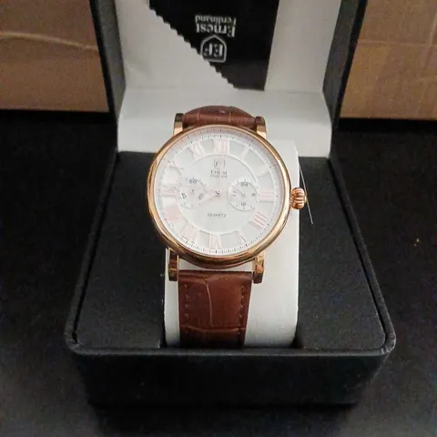 ERNEST FERDINAND EF WRISTWATCH – ROSE GOLD-TONE, BROWN LEATHER STRAP 