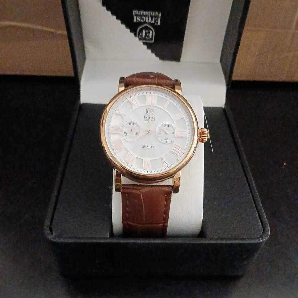 ERNEST FERDINAND EF WRISTWATCH – ROSE GOLD-TONE, BROWN LEATHER STRAP