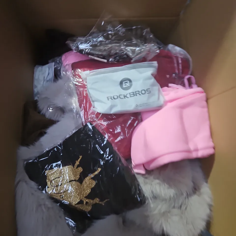 LARGE BOX OF APPROXIMATELY 25 ASSORTED CLOTHING ITEMS IN VARIOUS COLOURS, STYLES AND SIZES - COLLECTION ONLY