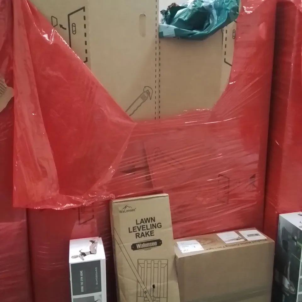 PALLET OF ASSORTED HOUSEHOLD GOODS AND PRODUCTS TO INCLUDE;RAKE,RESISTANCE BANDS,CEILING FAN WITH LIGHT