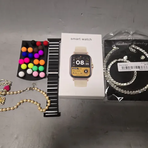 APPROXIMATELY 15 ASSORTED JEWELLERY ITEMS TO INCLUDE - NECKLACE , EARRINGS , SMART WATCH ETC