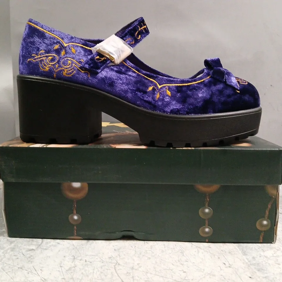 BOXED PAIR OF KOI TIRA VELVET MARY JANES ROYAL MANOR EDITION IN PURPLE SIZE UK 10