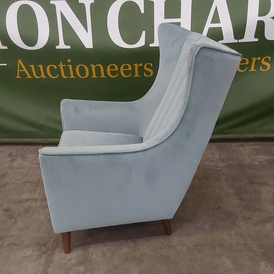 DESIGNER TURQUOISE VELVET UPHOLSTERED TALL WING-BACK CHAIR