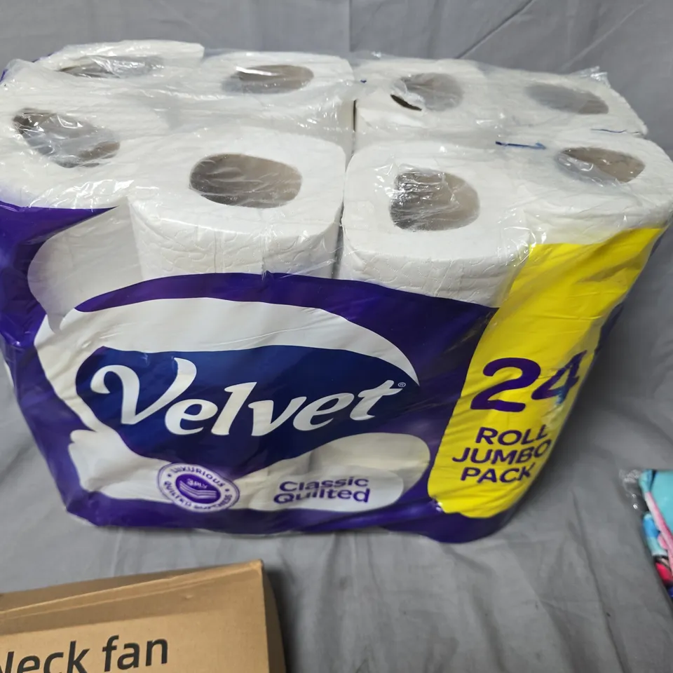 BOX OF ASSORTED ITEMS INCLUDING VELVET 24-ROLL CLASSIC QUILTED TOILET PAPER PACK + NECK FAN – MIXED HOUSEHOLD LOT