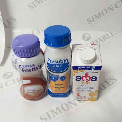LARGE QUANTITY OF ASSORTED DRINKS BASED PRODUCTS TO INCLUDE; 10 CARTONS SMA PRO 6 MONTHS+ FOLLOW ON MILK, 5 BOTTLES OF NUTRICIA FORTISIP 200ML AND 8 BOTTLES OF FRESUBIN 2 KCAL 200ML