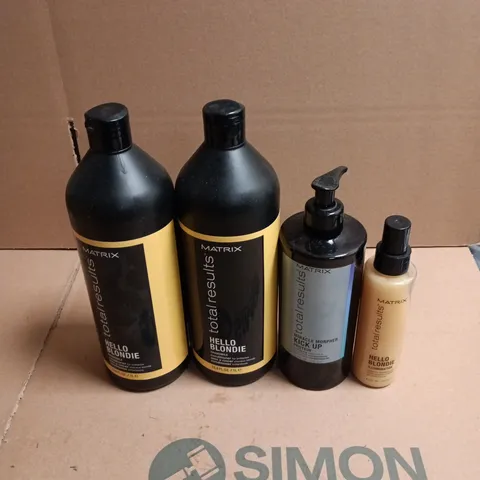 4 X ASSORTED MATRIX HAIR CARE PRODUCTS TO INCLUDE HELLO BLONDIE CONDITIONER, KICK UP PROTEIN TREATMENT ETC