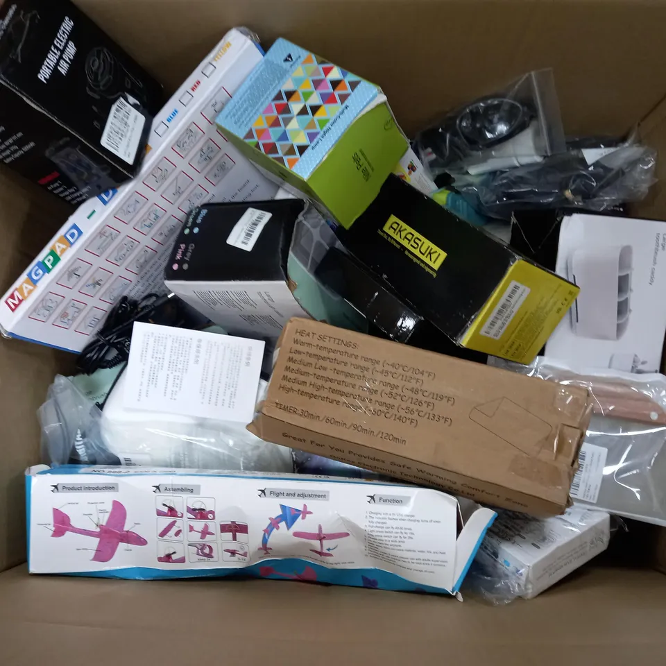 BOX OF APPROXIMATELY 20 ASSORTED ITEMS TO INCLUDE ELECTRIC MICRONEEDLE, RETRACTABLE FAN, LED STRIP LIGHTS, ETC