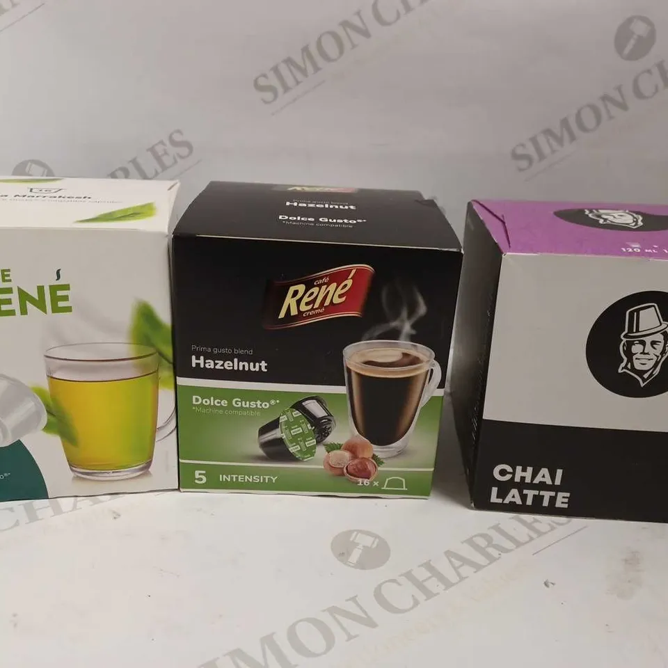 BOX OF APPROX 5 ITEMS TO INCLUDE CAFE RENE COFFEE PODS IN ASSORTED FLAVOURS AND DOLCE VITA CHAI LATTE PODS