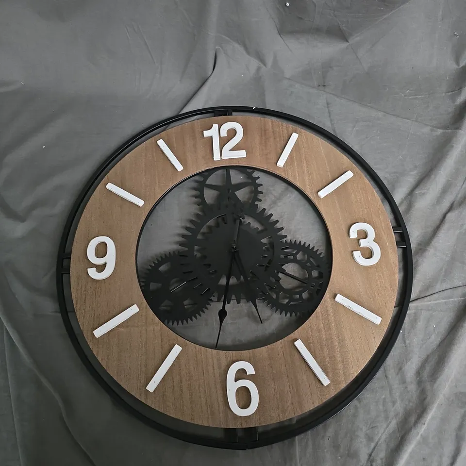 WOODEN SKELETON GEAR WALL CLOCK – LARGE ROUND DECORATIVE TIMEPIECE