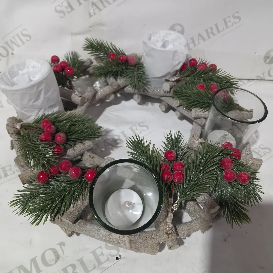 HOME REFLECTIONS PRE-LIT BERRY WOODEN CANDLE HOLDER & LED CANDLES