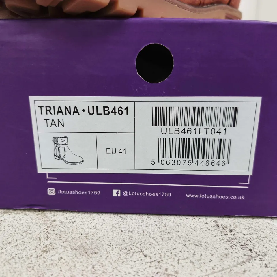 BOXED PAIR OF LOTUS TRIANA TAN LEATHER ANKLE BOOTS – EU 41