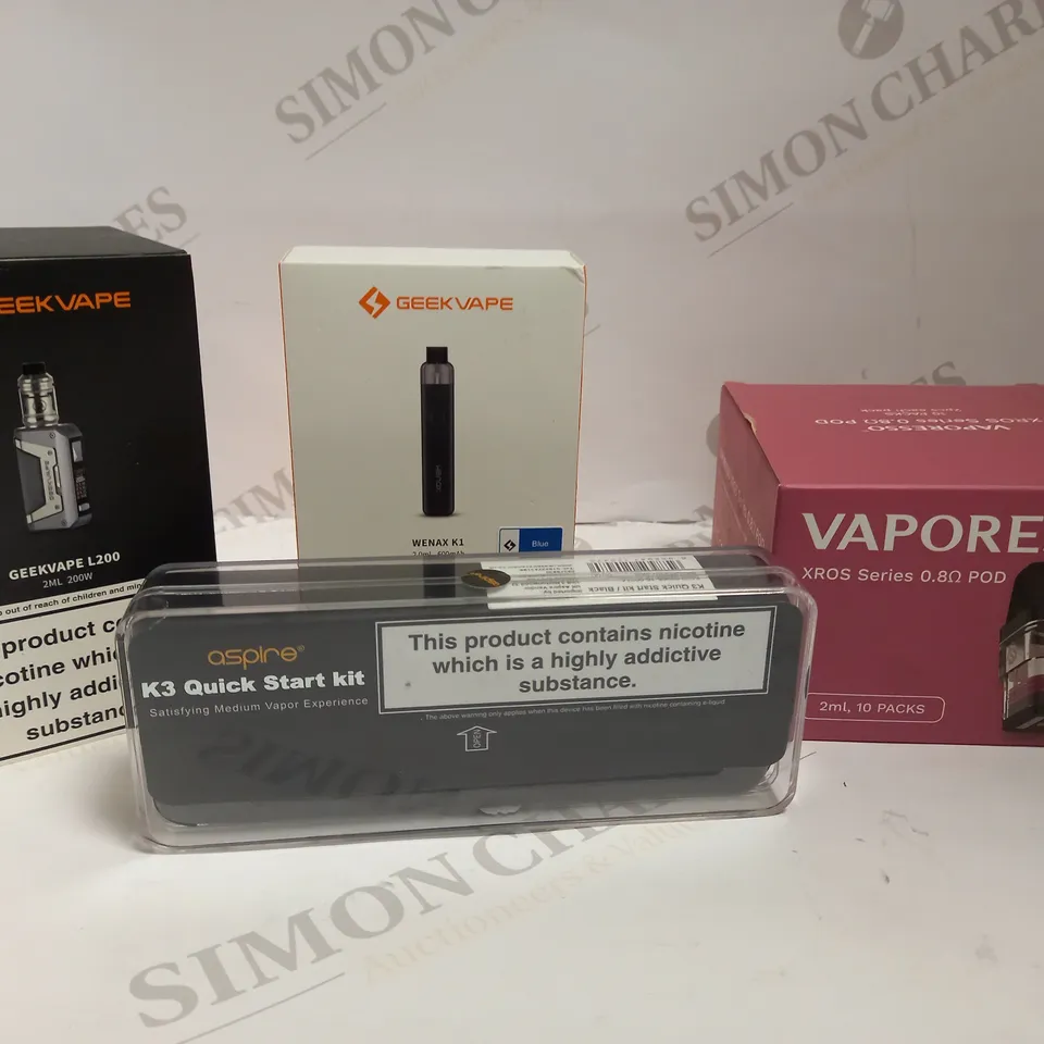 LOT OF 25 ASSORTED VAPING DEVICES & ACCESSORIES, TO INCLUDE VAPORESSO, GEEKVAPE, ETC