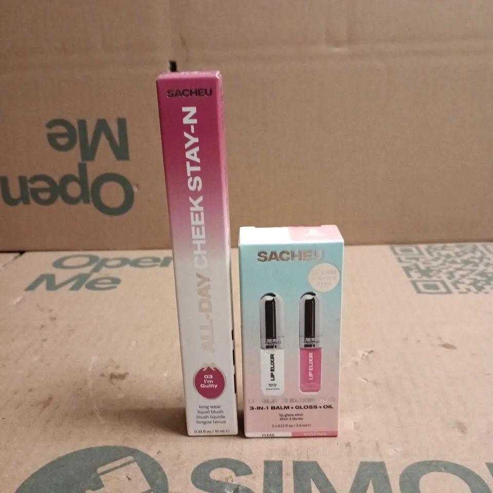 2 X SACHEU COSMETIC ITEMS: LIP GLAZE ELIXIR DUO CLEAR/SHEER PINK + LONG WEAR LIQUID BLUSH NUDE MAUVE 