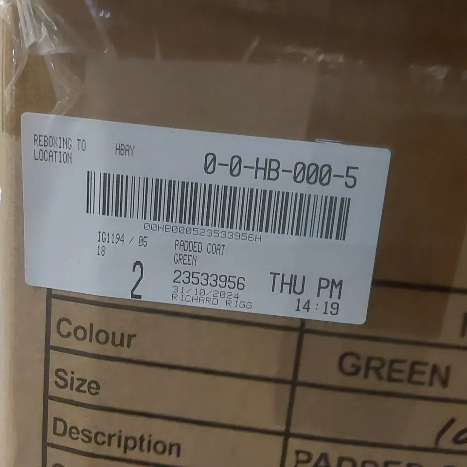 BOX CONTAINING APPROXIMATELY 2x BRAND NEW JD WILLIAMS GREEN PADDED COATS - SIZE 18