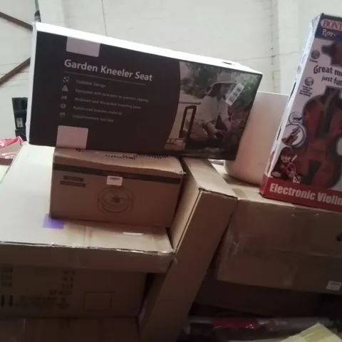 PALLET CONTAINING VARIOUS ASSORTED BOXED HOUSEHOLD ITEMS TO INCLUDE: KITCHEN STORAGE UNIT, CEILING LIGHT, GARDEN KNEELER SEAT, ELECTRONIC VIOLIN, ROLLER BIND AND LOTS MORE UNMARKED BOXED ITEMS