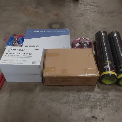 PALLET OF ASSORTED ITEMS INCLUDING: FOAM ROLLERS, LOWER BACK STRETCHING MASSAGER, BED SIDE NIGHTSTAND, BRUSH, BLUE NITRILE GLOVES ECT