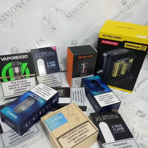 BOX OF APPROXIMATELY 10 ASSORTED E-CIG PRODUCTS TO INCLUDE ASPIRE, VOOPOO, VAPORESSO ETC