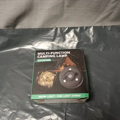 MULTI-FUNCTION CAMPING LAMP WITH WARM LIGHT & RGB STRING LIGHTS – USB POWERED, BOXED