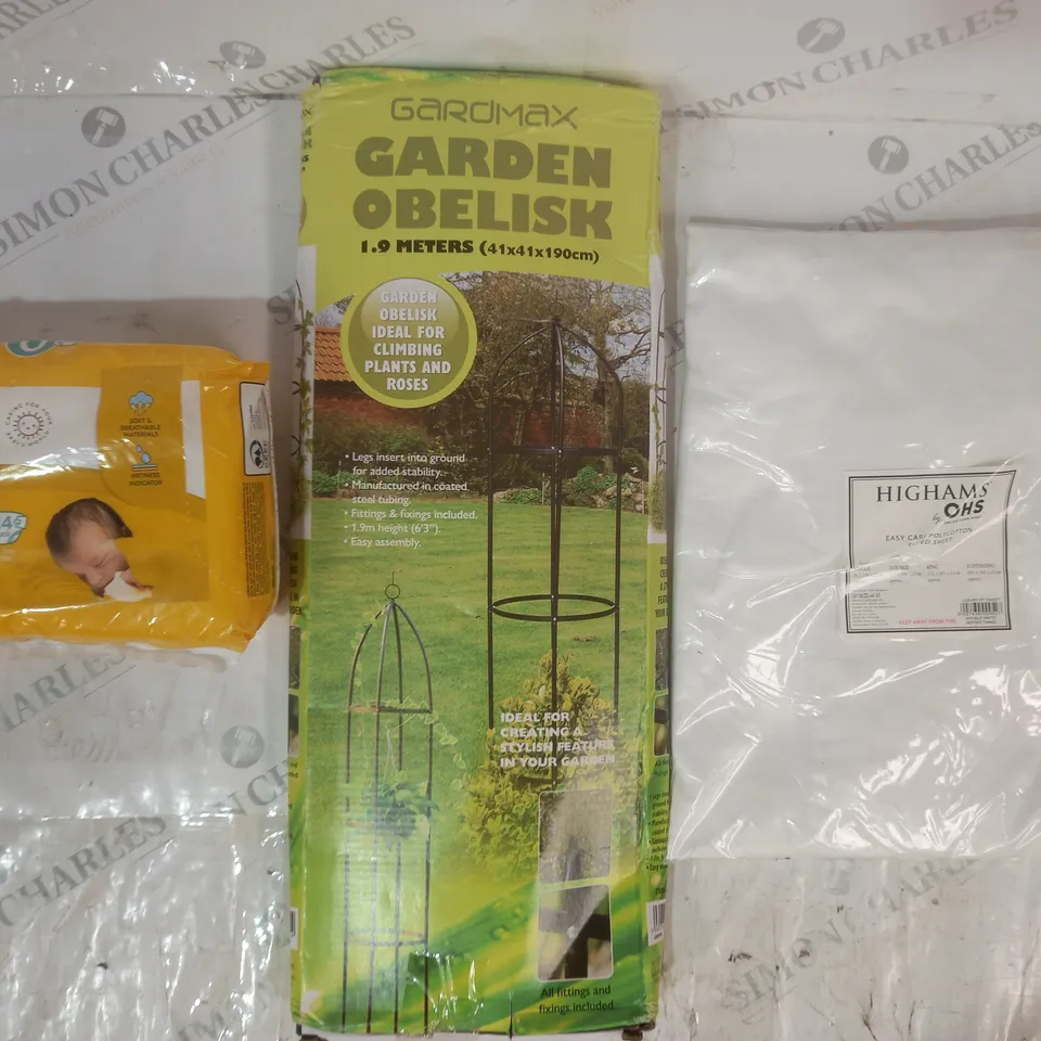 BOX OF APPROXIMATELY 20 ASSORTED HOUSEHOLD ITEMS TO INCLUDE FITTED SHEET, GARDEN OBELISK, NEWBORN NAPPIES, ETC