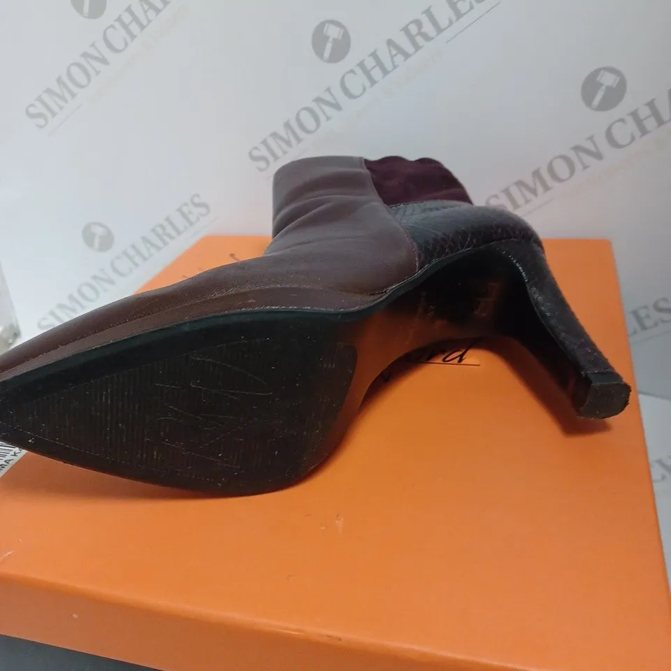BOXED RUTH LANGSFORD PLATFORM LEATHER ANKLE BOOTS, BURGUNDY - SIZE 4 