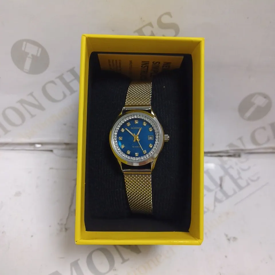 BOXED SEKONDA LADIES BLUE DIAL WATCH WITH MESH BRACELET - JAPAN MOVEMENT - 5 ATM. 