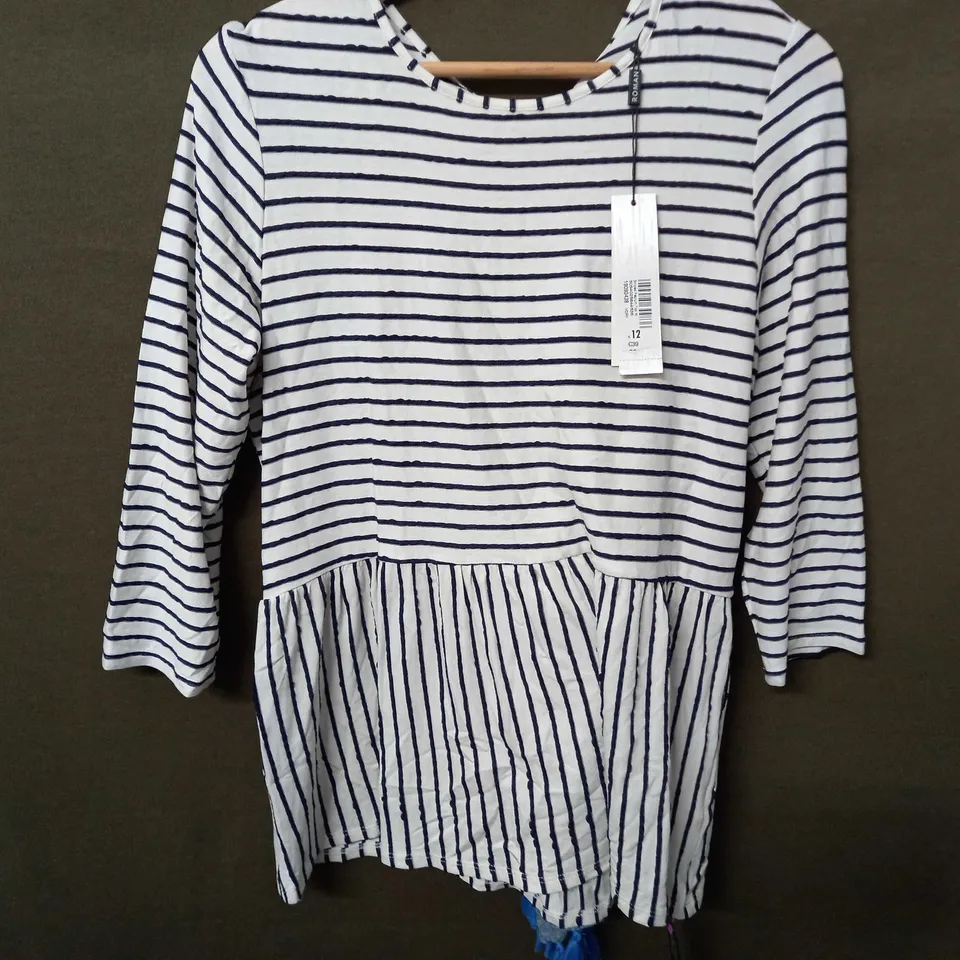 ROMAN STRIPED PEPLUM TOP IN WHITE/NAVY - SIZE 12