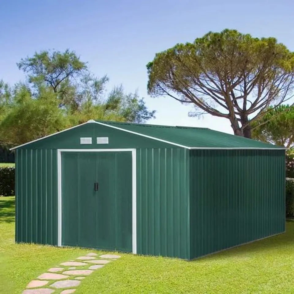 BOXED 11FT W × 10FT D METAL GARDEN SHED