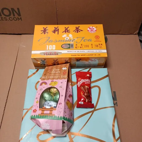 APPROXIMATELY 8 ASSORTED FOOD/DRINK PRODUCTS TO INCLUDE JASMINE TEA, CHOCOLATE EGGS, HONEY CHOCOLATE ETC