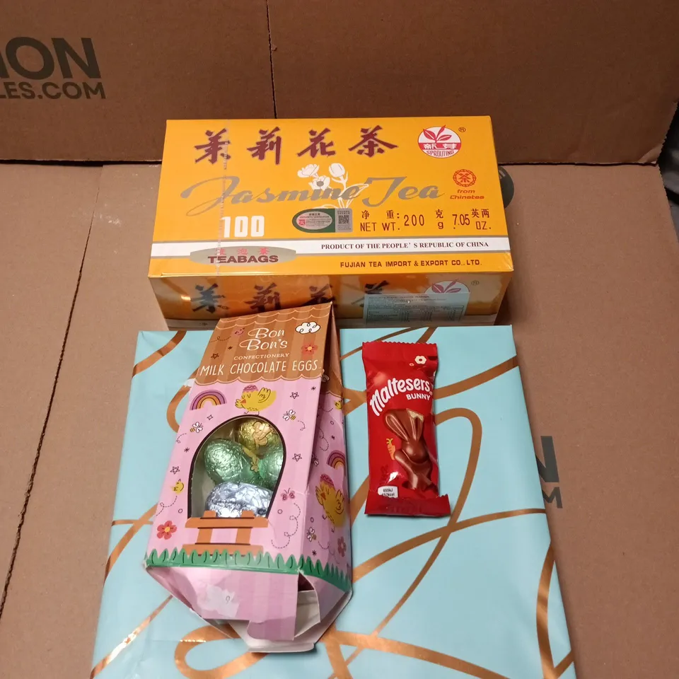 APPROXIMATELY 8 ASSORTED FOOD/DRINK PRODUCTS TO INCLUDE JASMINE TEA, CHOCOLATE EGGS, HONEY CHOCOLATE ETC