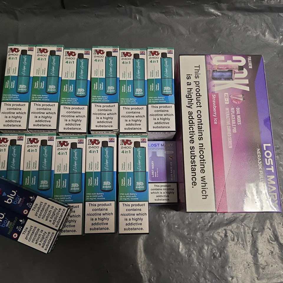 APPROXIMATELY 20 ASSORTED E-CIGARETTE PRODUCTS TO INCLUDE - LOST MARY AND IVG