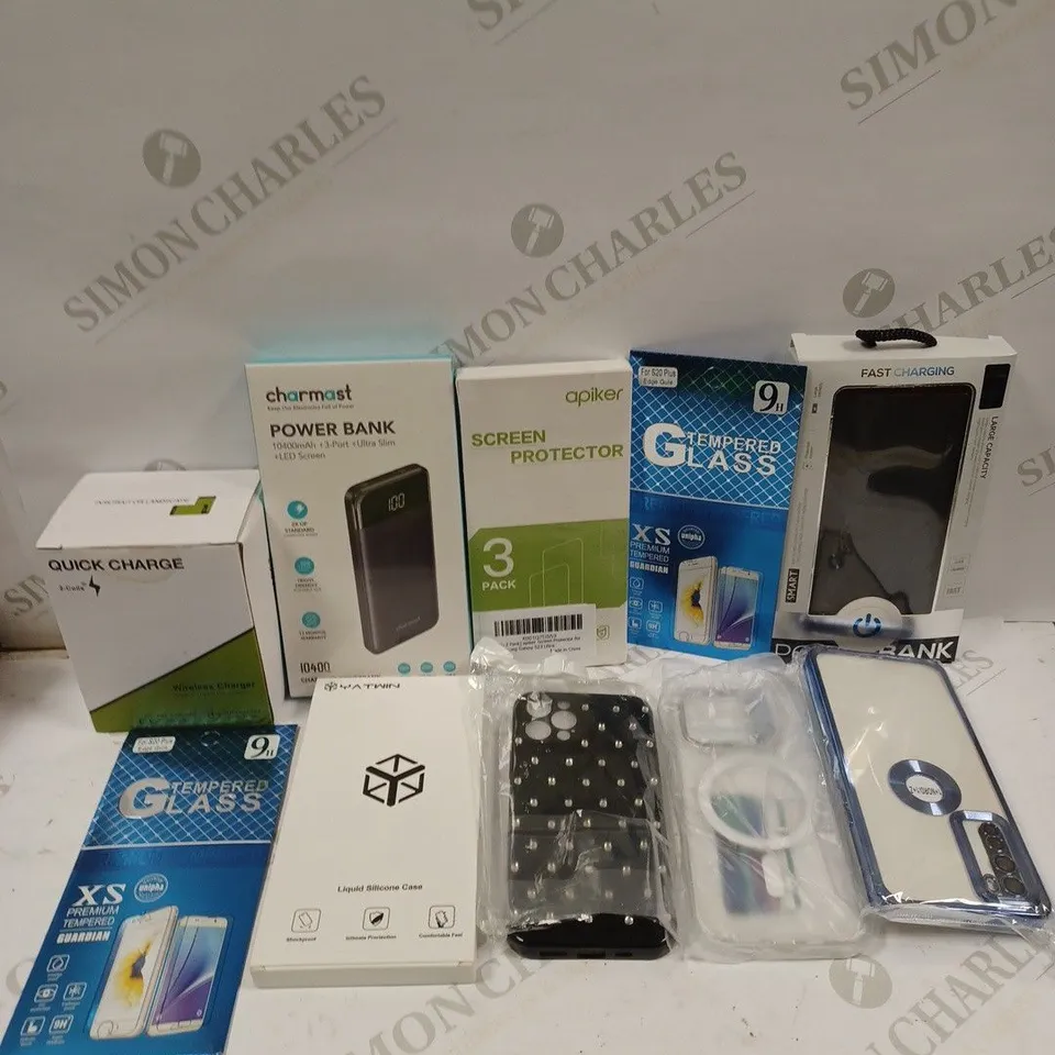 BOX TO CONTAIN APPROX. 30 X ASSORTED PHONE ACCESSORIES. INCLUDES CHARGING WIRES, PHONE CASES, POWER BANKS ETC. BRANDS VARY 