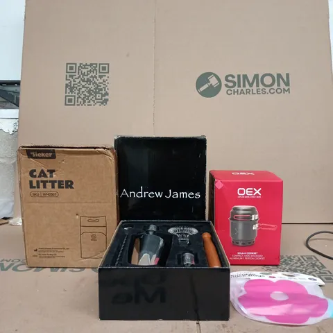 BOX OF APPROXIMATELY 15 ASSORTED ITEMS INCLUDING TIEKER CAT LITTER, ANDREW JAMES COCKTAIL MAKING SET AND OEX SOLA-X COOKSET