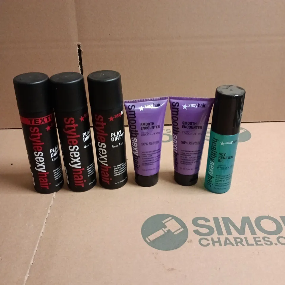 BOX OF 6 SEXY HAIR HAIRCARE PRODUCTS TO INCLUDE DRY WAX SPRAY AND SOY RENEWAL OIL 