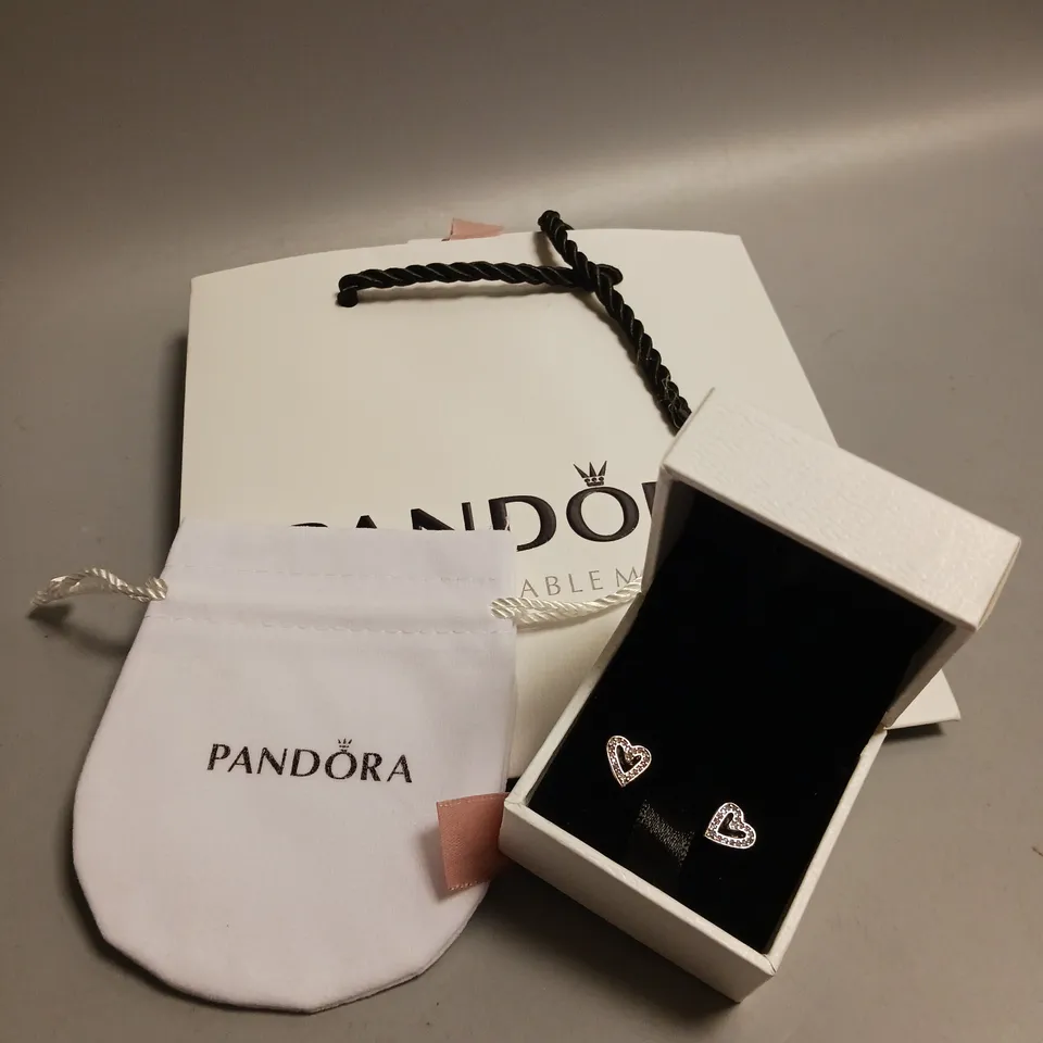 PANDORA EARRINGS IN SILVER HEART DESIGN WITH BUTTERFLY BACKS INCLUDES BOX, POUCH, POLISHING CLOTH AND GIFT BAG
