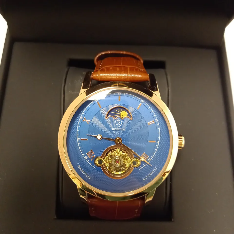 RUCKSTUHL AUTOMATIC BLUE LEATHER STRAP WRISTWATCH