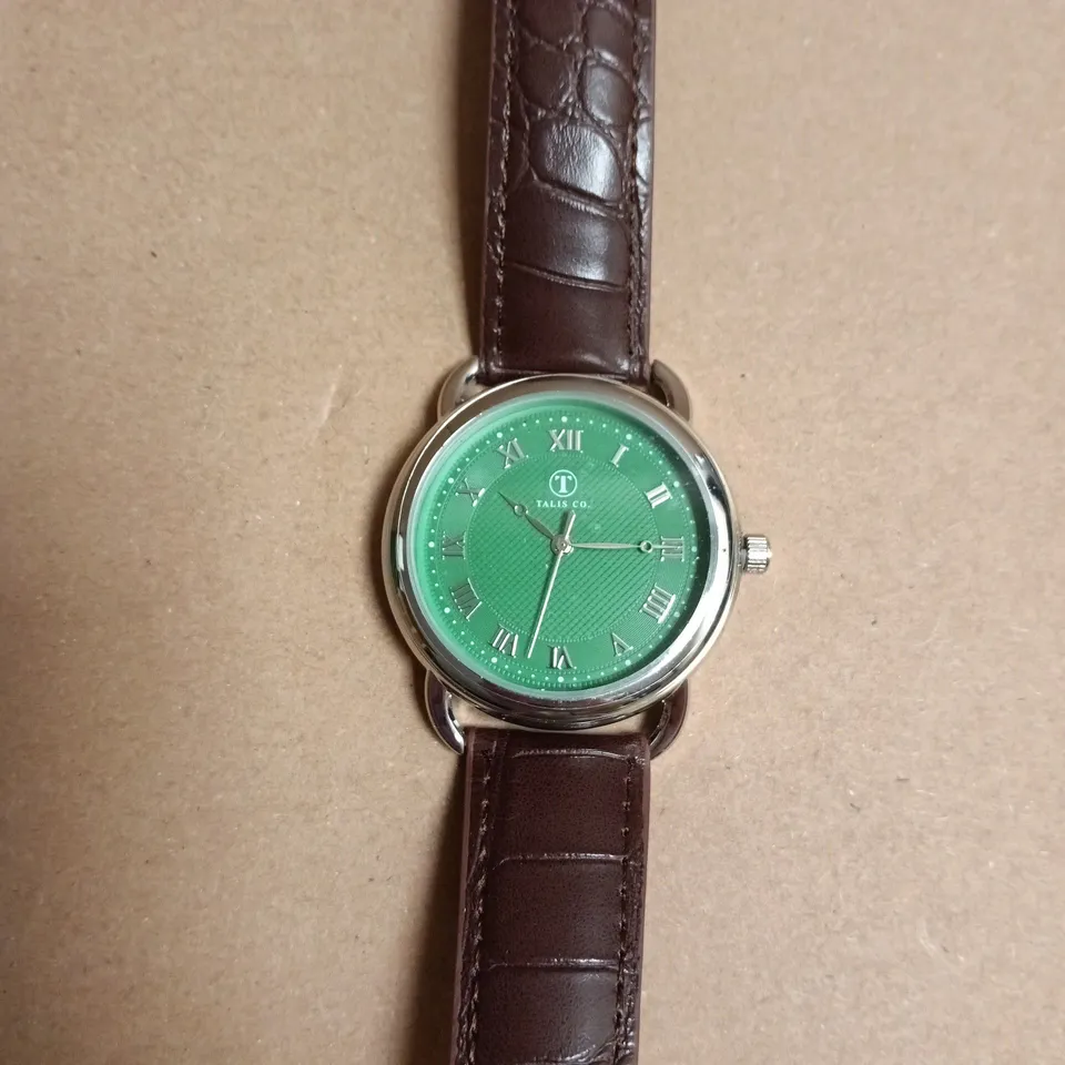 BOXED TALIS CO. WRISTWATCH – GREEN DIAL WITH ROMAN NUMERALS, BROWN LEATHER STRAP