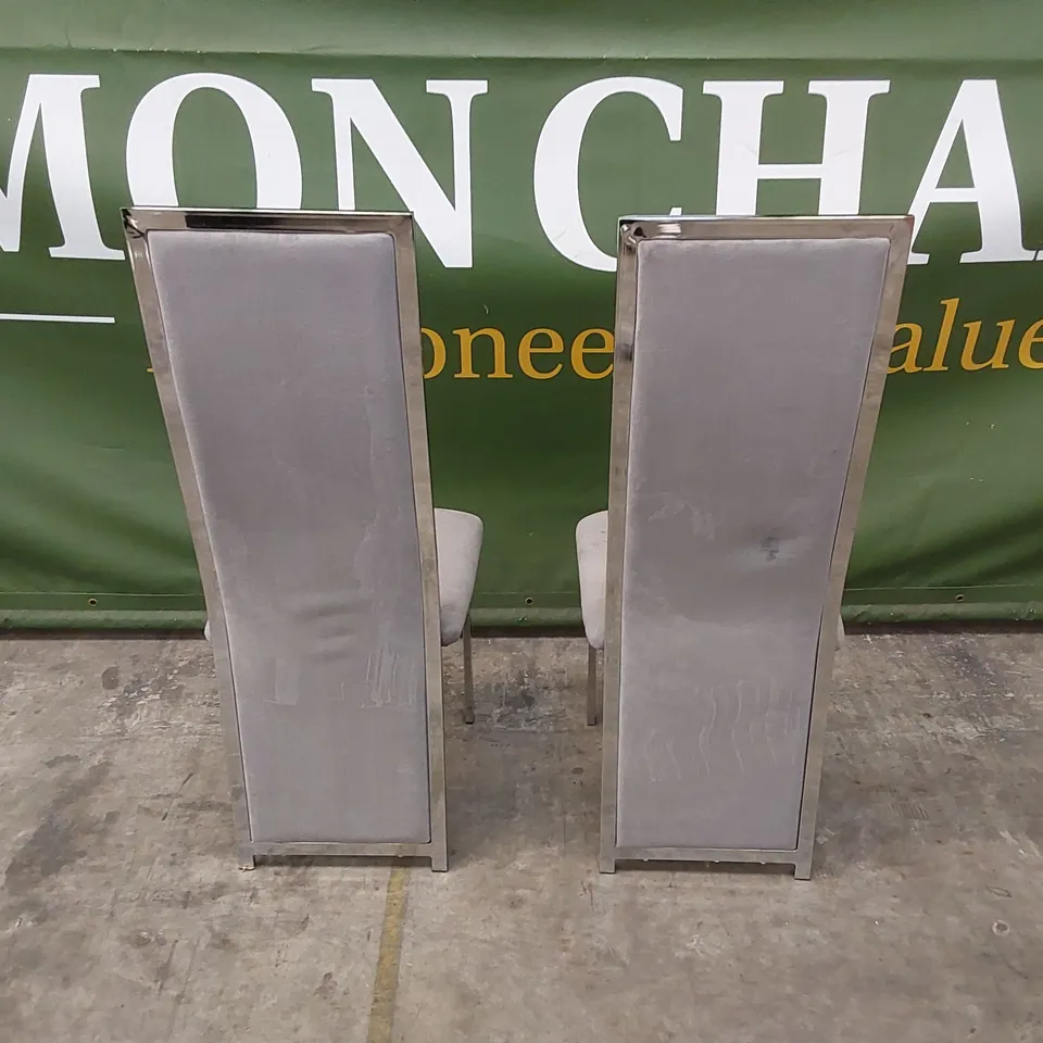 SET OF 2 CELESTE GREY VELVET AND CHROME DINING CHAIRS
