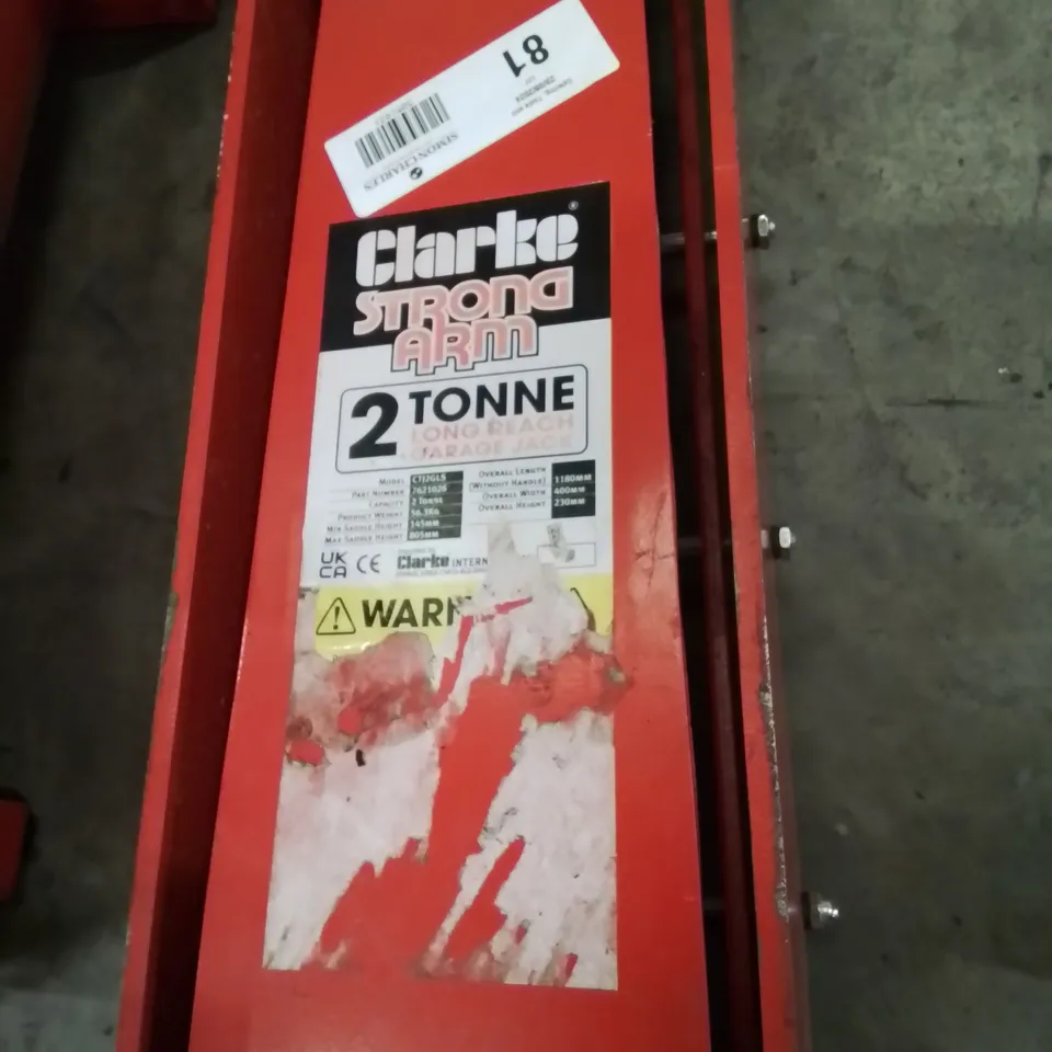 CLARKE STRONG ARM LONG REACHING 2 TONNE GARAGE TROLLEY JACK