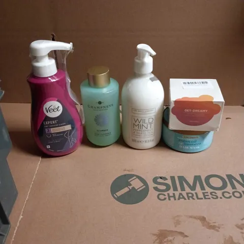 APPROXIMATEY 20 ASSORTED HEALTH AND BEAUTY PRODUCTS TO INCLUDE - VEET HAIR REMOVAL CREAM - CHAMPNEY'S BODY CLEANSER AND THE WHITE COMPANY WILD MINT HAND LOTION