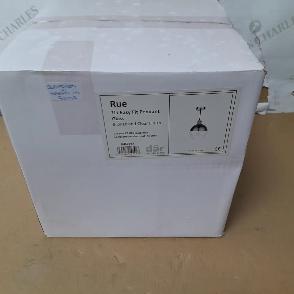 BOXED DAR LIGHTING RUE 1-LAMP EASY FIT PENDANT GLASS