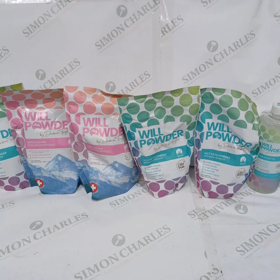 LOT TO CONTAIN 6 X ASSORTED WILL POWDER PRODUCTS. INCLUDES MCT OIL, KETO POWDER ETC - COLLECTION ONLY