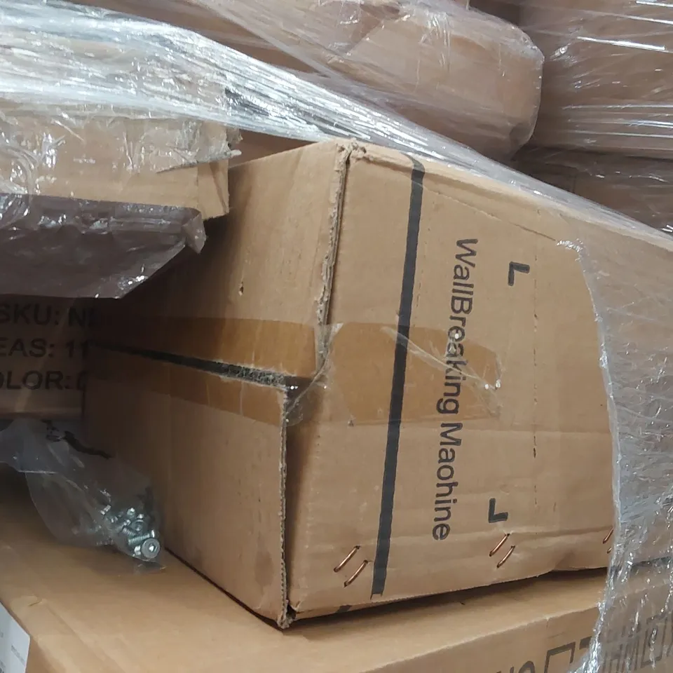 PALLET CONTAINING VARIOUS ASSORTED ITEMS TO INCLUDE: STORAGE CABINET, FURNITURE PARTS, DELUXE MIX FAT BALLS (BIRD FOOD) ECT