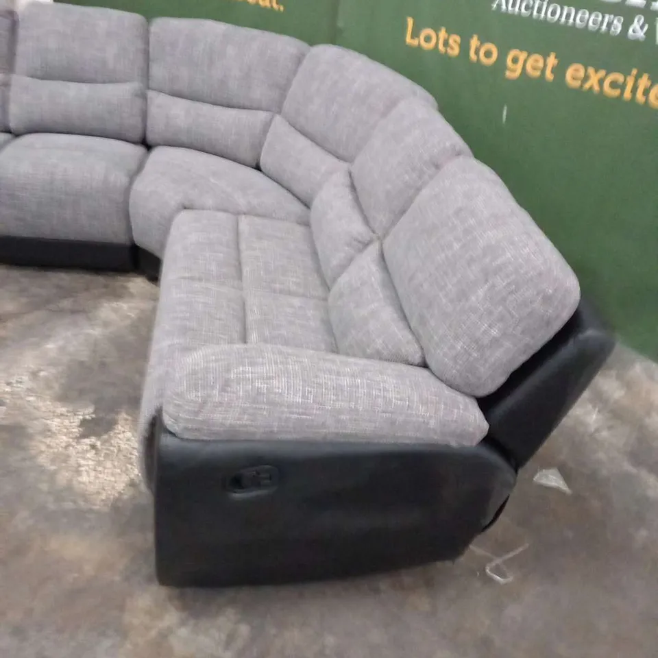 DESIGNER SANTORI GREY FABRIC AND BLACK FAUX LEATHER MANUAL RECLIING CORNER SOFA