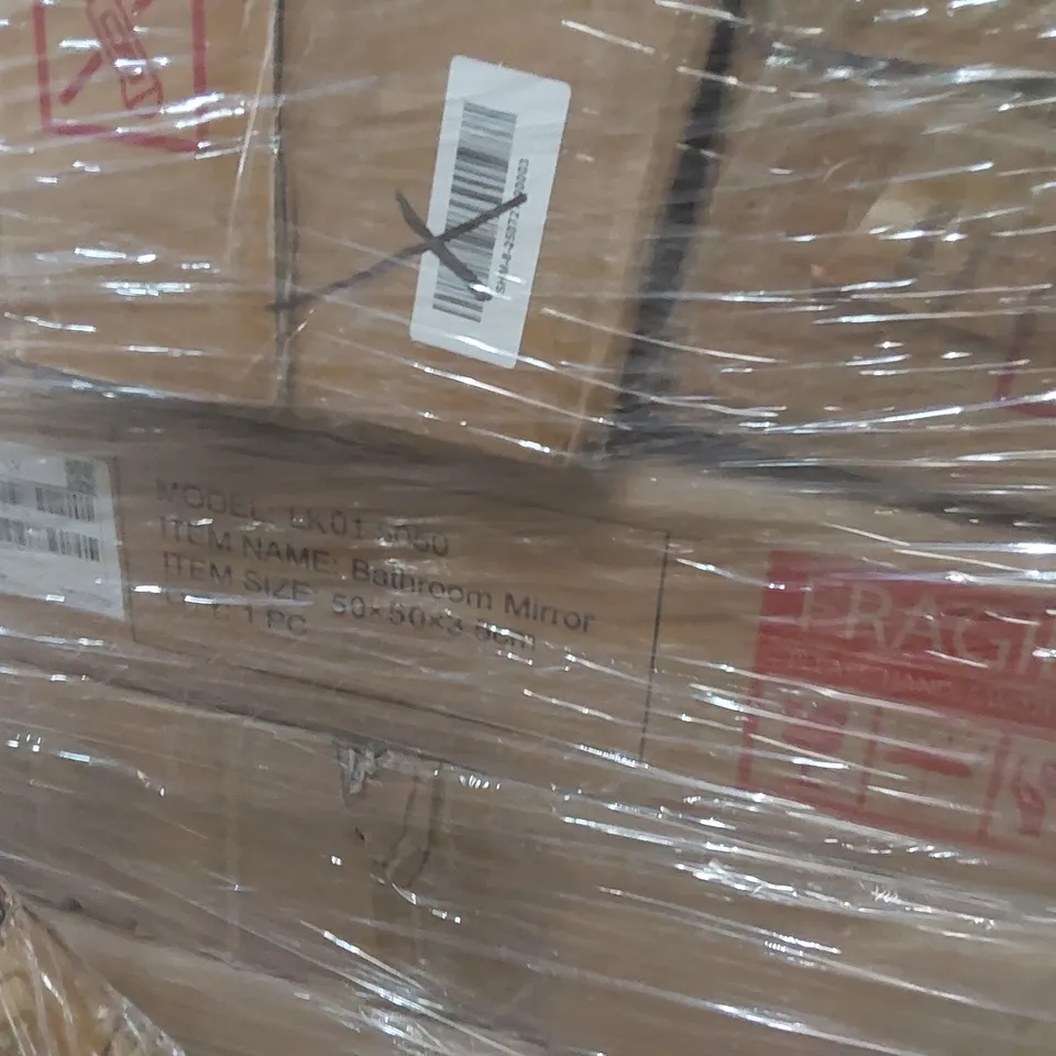PALLET CONTAINING A LARGE QUANTITY OF ASSORTED CONSUMER PRODUCTS INCLUDING: BATHROOM MIRROR CABINET, CHAIR, DISTILLER, BATHROOM MIRROR ECT