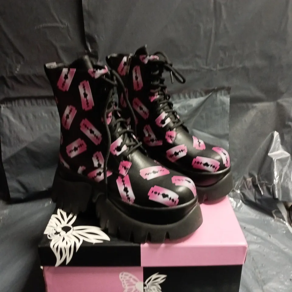 KOI WOMEN'S BLACK COMBAT BOOTS WITH PINK PATTERN, BOXED SIZE 3