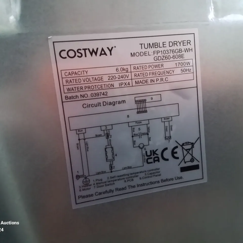 COSTWAY 1700W ELECTRIC TUMBLE LAUNDRY DRYER STAINLESS STEEL TUB 6 KG/91L