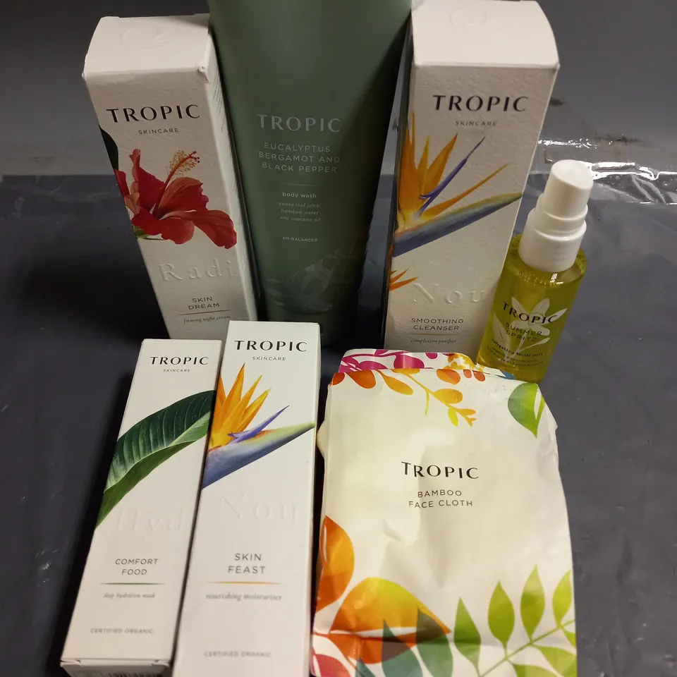 TROPIC LOT OF 7 ASSORTED COSMETIC PRODUCTS TO INCLUDE - REFRESHING FACIAL MIST - SMOOTHING CLEANSER - NOURISHING MOISTURISER - ETC