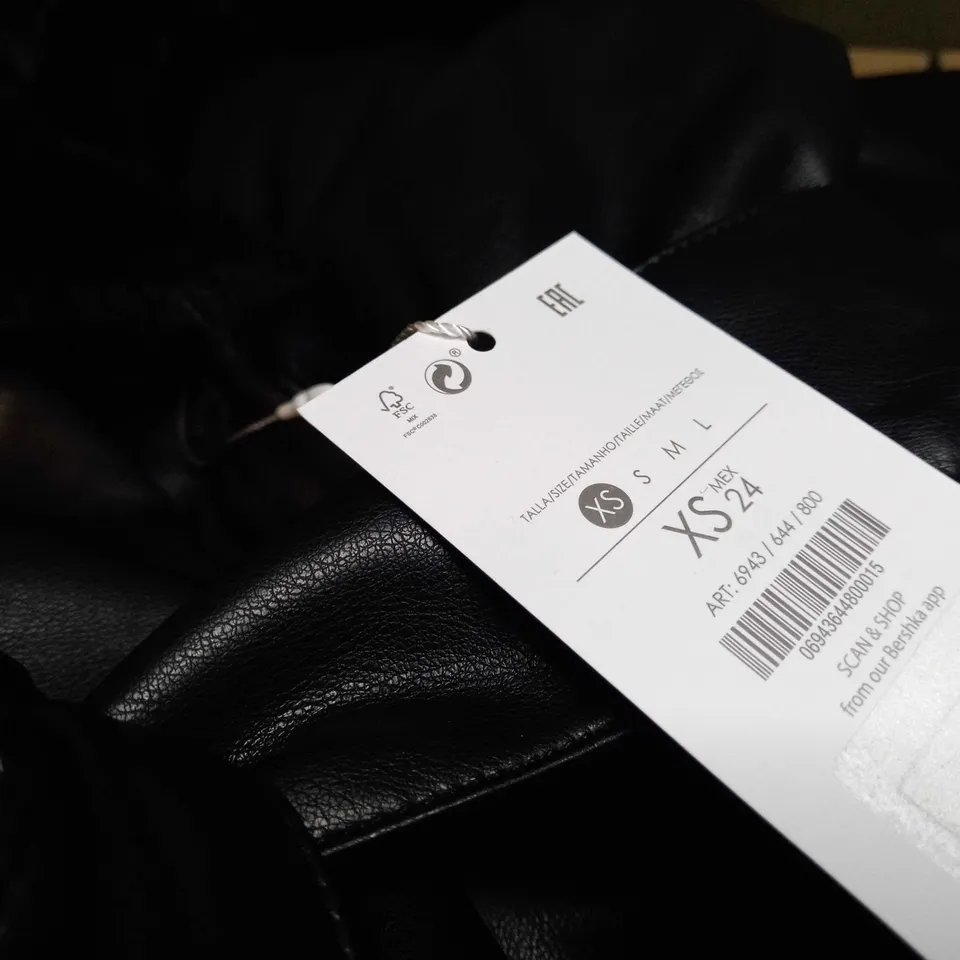 BERSHKA BLACK FAUX LEATHER/FAUX FUR TRIMMED COAT - XS